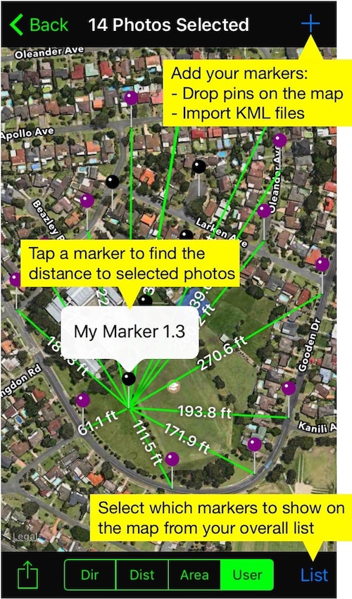 Distance of photo pins from one place mark on a map.
