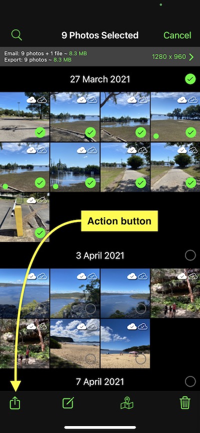 Tapping on action button after selecting Solocator photos to export.