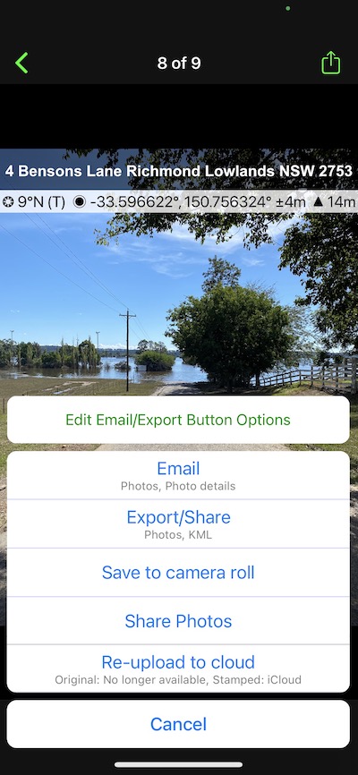Solocator action sheet when emailing or exporting one photo.
