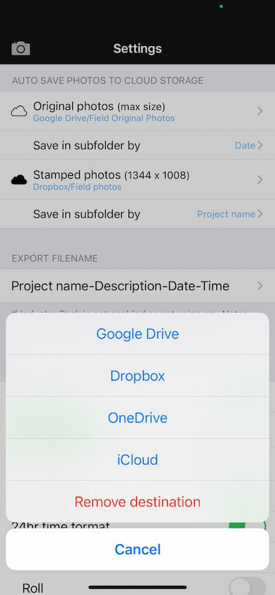 Cloud options in Solocator are Google Drive, Dropbox, OneDrive and iCloud.