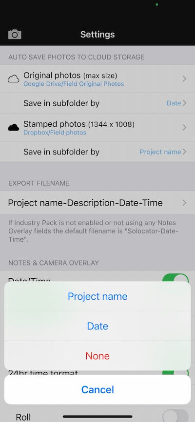 Project name or date subfolder selections.