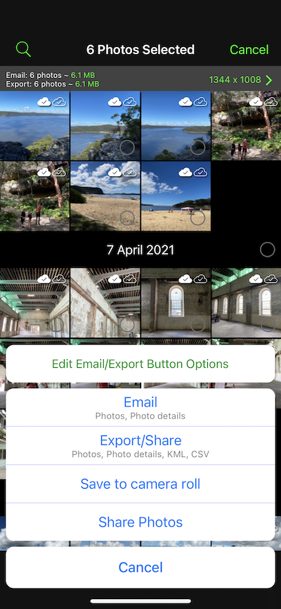 Photo export, email and share buttons.