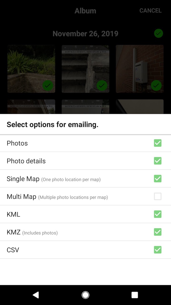 Solocator app selection list of file types for sharing.