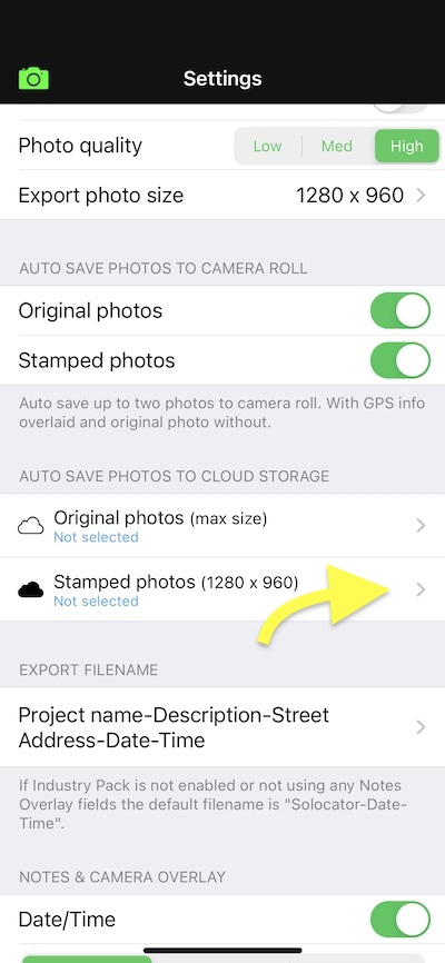 Select stamped or original Solocator photo types to be autosaved to the cloud.
