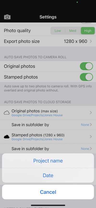 Select to autosave Solocator photos to auto created subfolders by Date or Project Name.