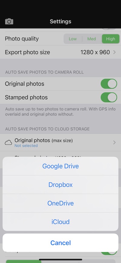 Supported cloud storage services in Solocator photo documentation app.
