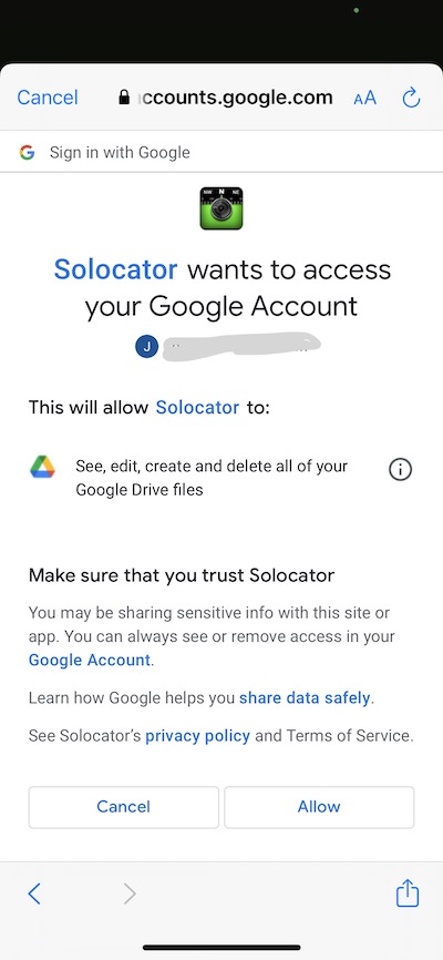 Give permission to Solocator to access your Google Drive account.