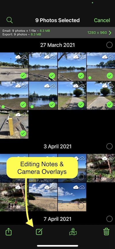 Yellow arrow pointing to button for editing notes overlays for multiple selected photos in Solocator app.