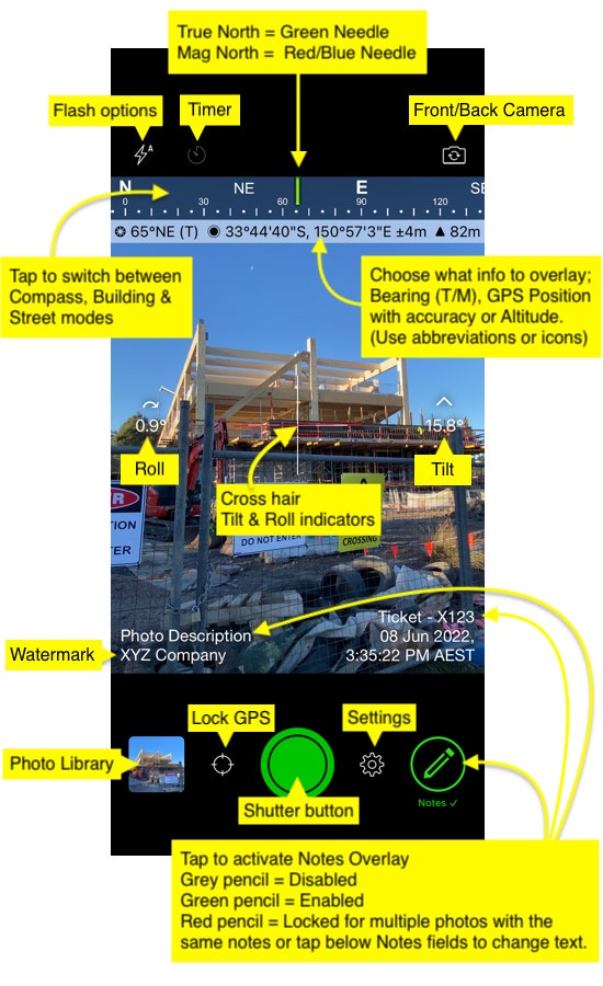 Highlighted features and functions of Solocator iOS camera.
