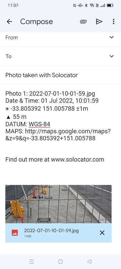 Email with Solocator photos and location data.