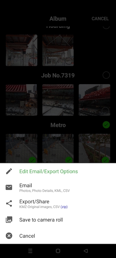 Sharing options and customised email and export buttons for Solocator pictures..