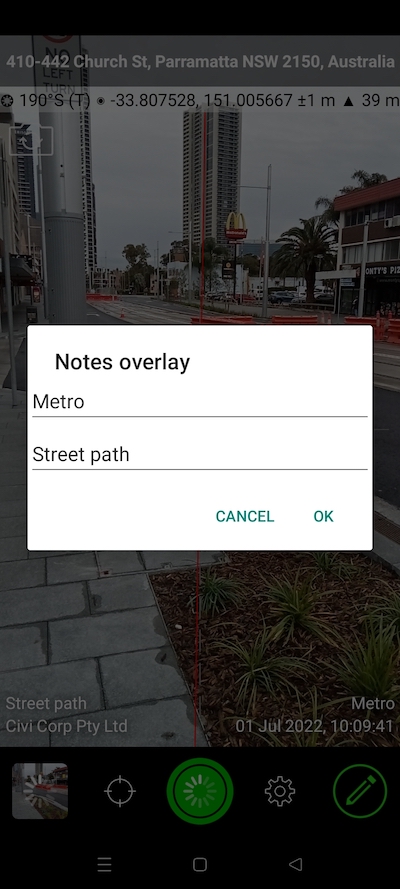 Notes overlay fields in Solocator Android app.