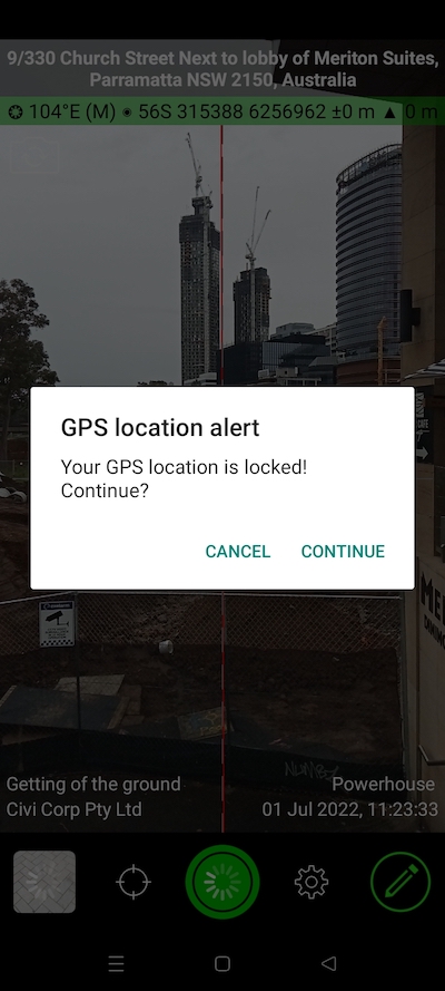 Alert reminding Solocator app user their location is currently locked.